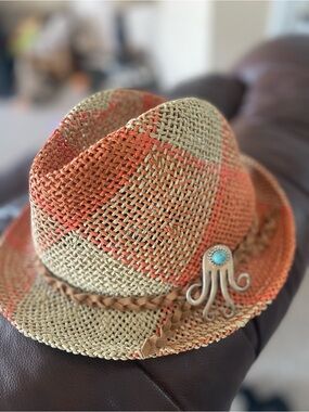 Michael Stars Womans Straw Fedora with Orange Accents and Braided Tan Band